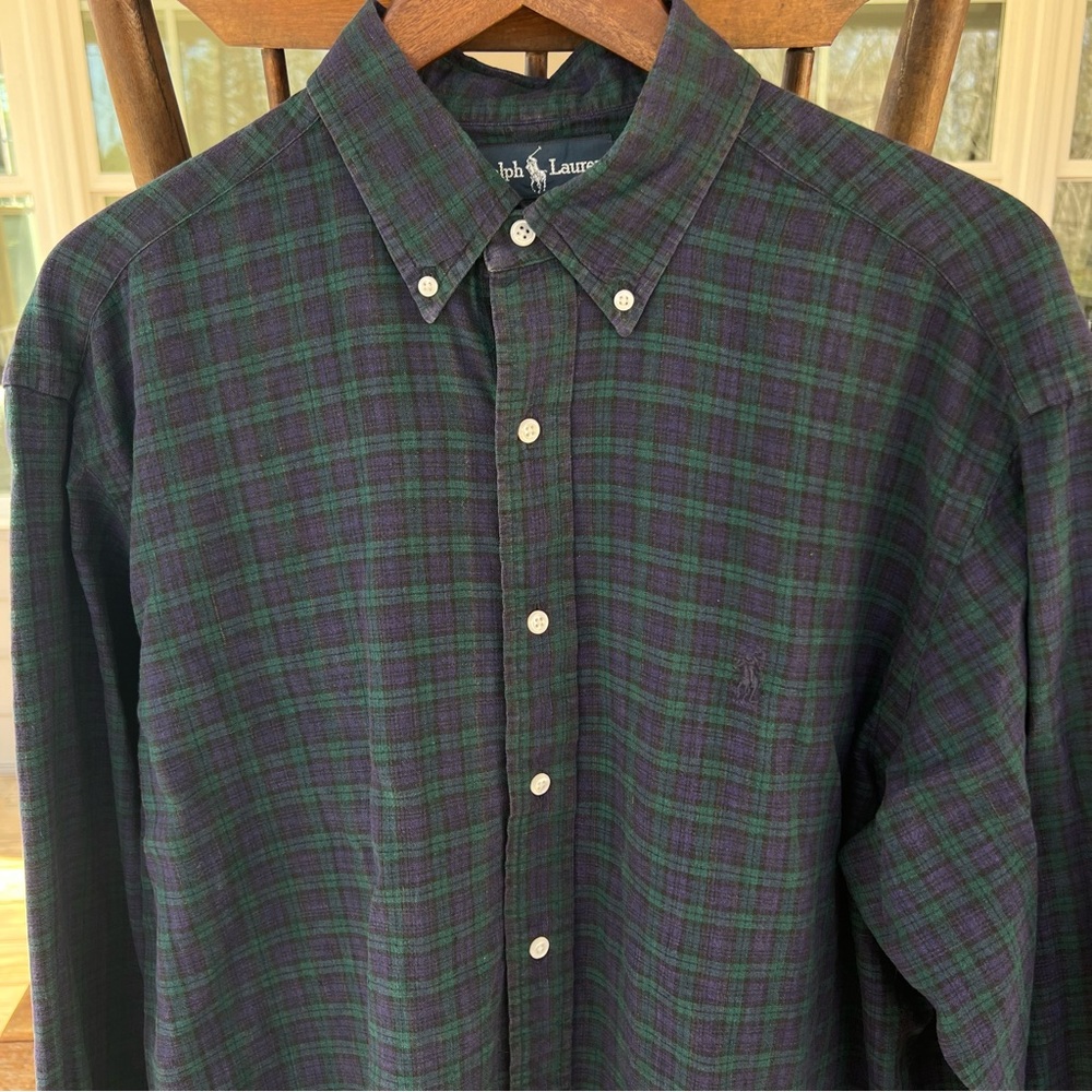 Ralph Lauren Yarmouth 100% Linen Blue Green Tartan Long Sleeve Shirt 16 1/2 - 32